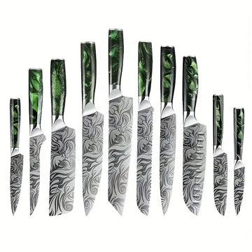 10-Piece Japanese Damascus Kitchen Knife Set - Wasabi Series with Green Resin Wood Handles