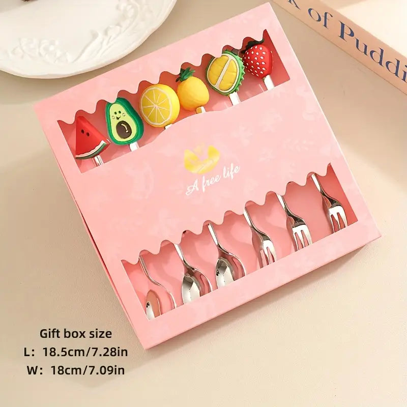 Fruit Theme Stainless Steel Dessert Spoon and Fork Set - 6pcs with Cute Fruit Handles, Perfect for Coffee, Ice Cream & Beverages - Gift Box Included