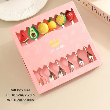 Fruit Theme Stainless Steel Dessert Spoon and Fork Set - 6pcs with Cute Fruit Handles, Perfect for Coffee, Ice Cream & Beverages - Gift Box Included