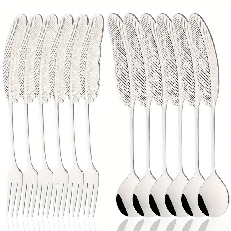 Premium 12pcs Feather-Shaped Stainless Steel Cutlery Set - Cake Forks, Dessert Spoons, Fruit & Cheese Forks, Stirring Spoons for Kitchen, Parties & Gifts