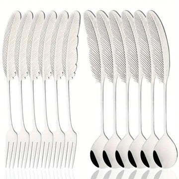 Premium 12pcs Feather-Shaped Stainless Steel Cutlery Set - Cake Forks, Dessert Spoons, Fruit & Cheese Forks, Stirring Spoons for Kitchen, Parties & Gifts