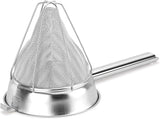 Stainless steel bouillon strainer used to separate food particles from freshly prepared soup.