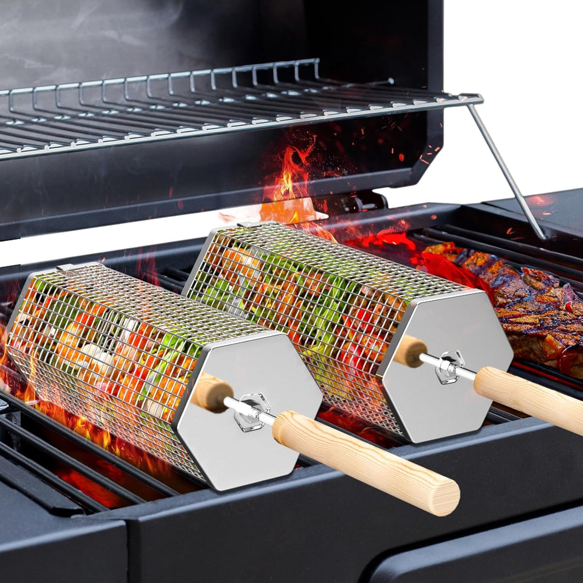 Grill basket with removable wooden handle