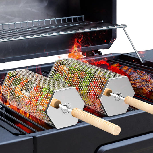 Grill basket with removable wooden handle
