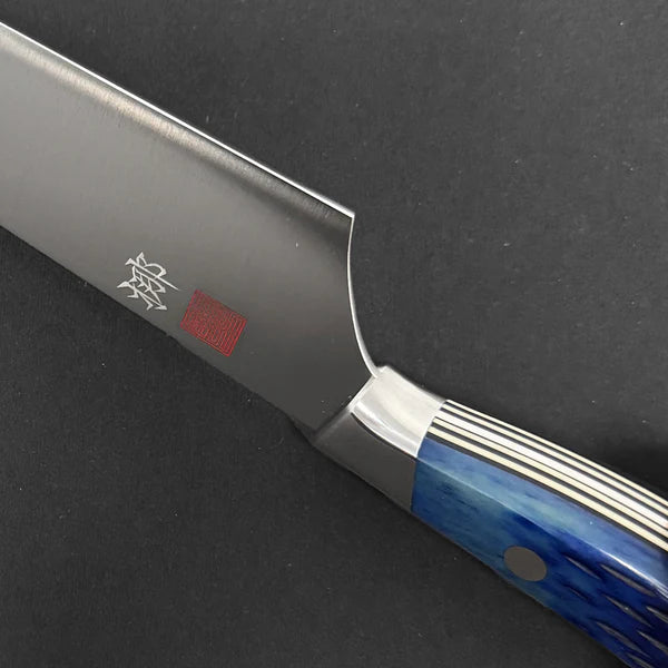 Gyuto knife with wooden saya cover in blue handle design