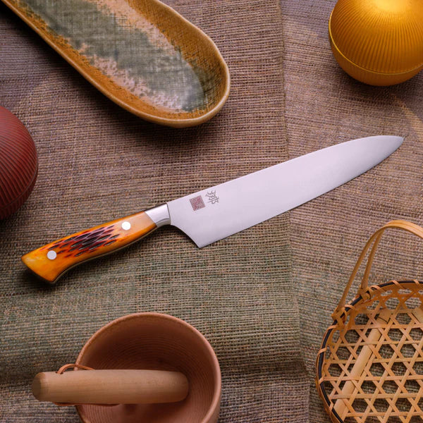 Handcrafted amber handle Japanese Gyuto knife