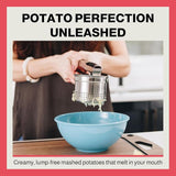 Manual potato ricer displayed alongside freshly prepared mashed potatoes on a kitchen countertop.