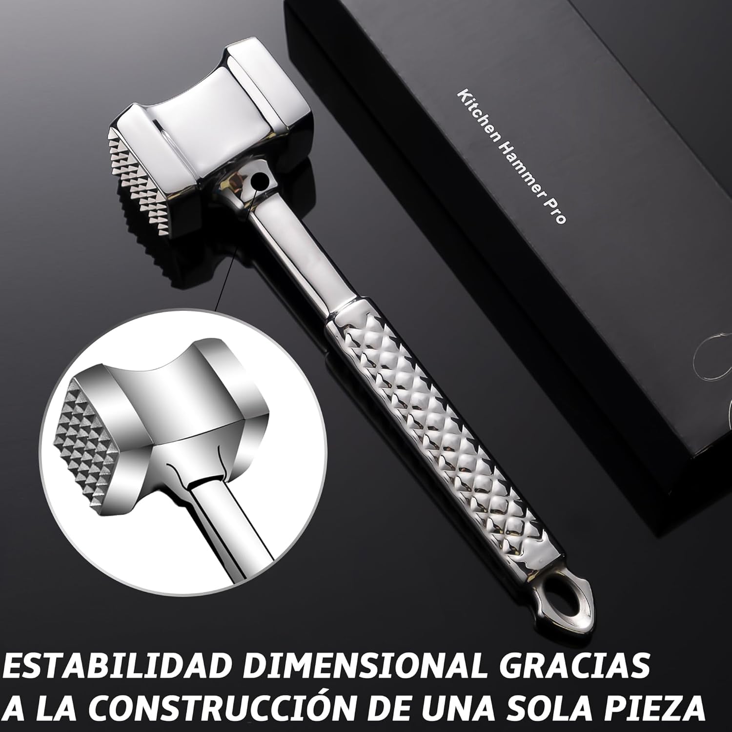 Non slip handle on stainless steel meat mallet