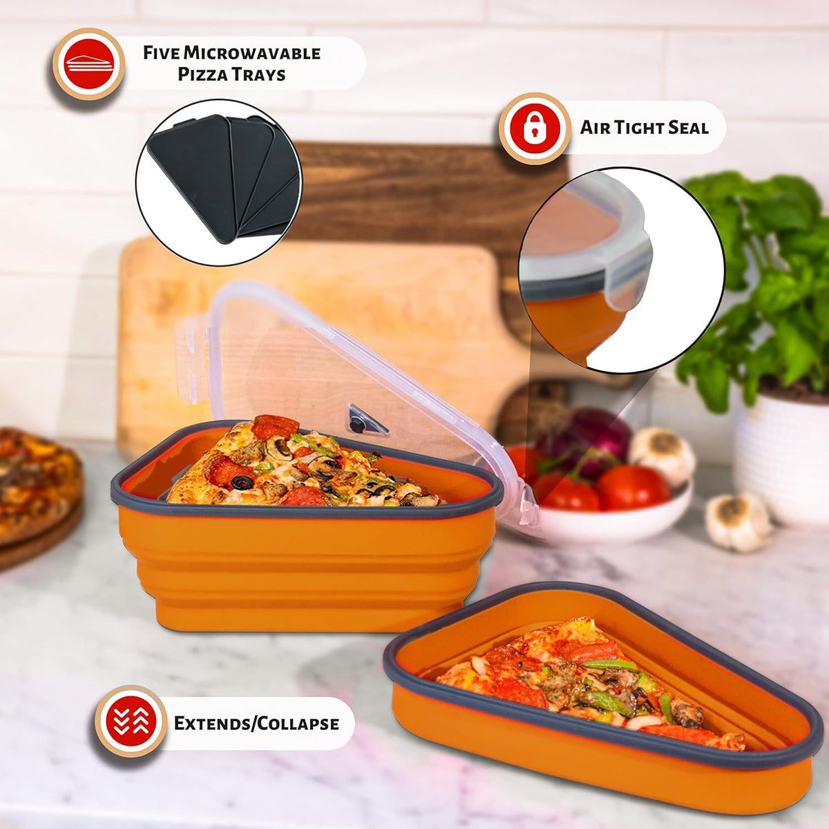 Microwave-safe divider trays for pizza storage container