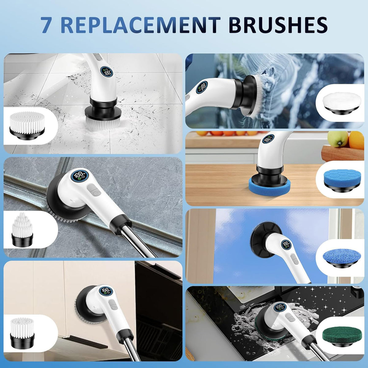 Electric scrubber with 7 interchangeable brush heads