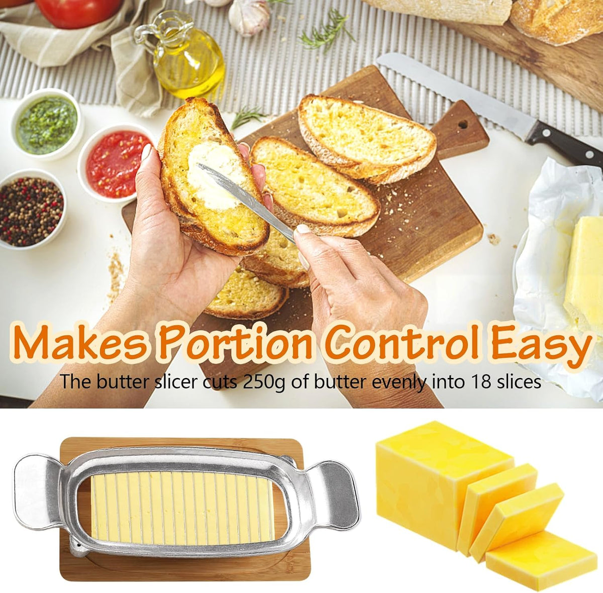 Multipurpose stainless steel wire slicer displayed with cheese, butter, and soft fruits.