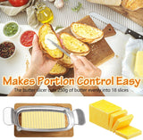 Multipurpose stainless steel wire slicer displayed with cheese, butter, and soft fruits.