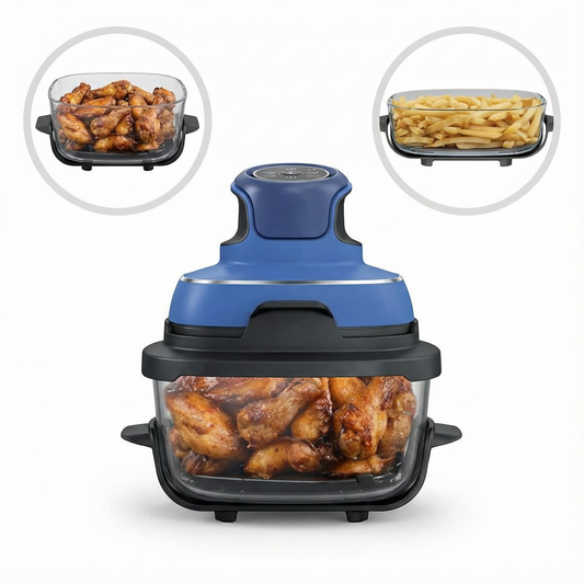 Portable glass air fryer cooking system with heating pod