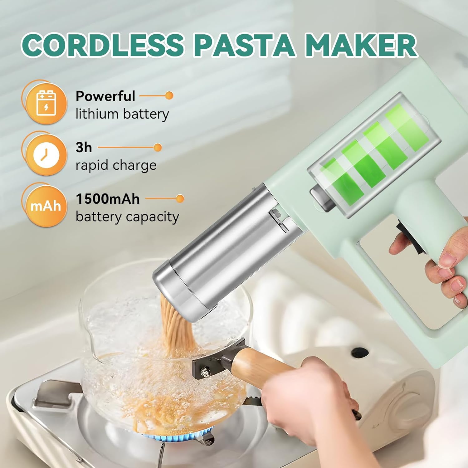 Portable cordless pasta maker used in home kitchen