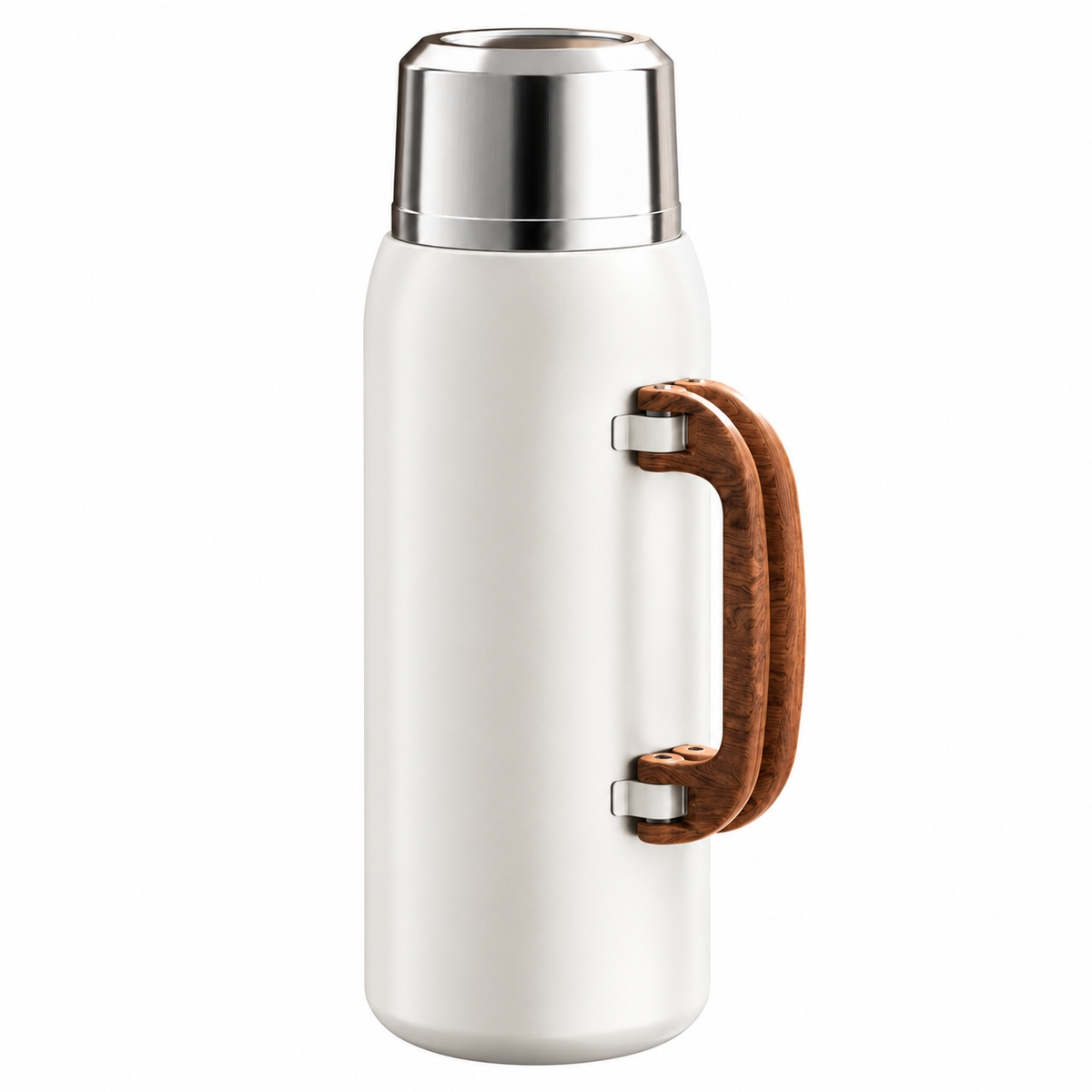 Portable white tea infuser thermos flask with durable stainless steel construction and comfortable side handle.