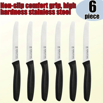 Premium 6-Piece Kitchen Knife Set – Stainless Steel Steak, Tomato, Butter, Dessert and Breakfast Knives with Ergonomic Black and Red Handles