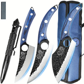 Professional Japanese Chef Knife Set with Carrying Bag – Forged Stainless Steel Kitchen Knives and Meat Cleaver for Outdoor and Home Cooking