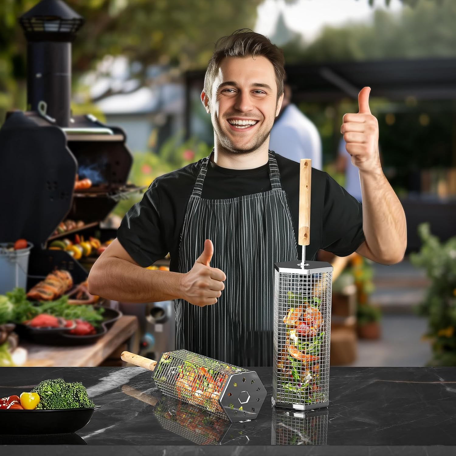 Rolling stainless steel grill baskets for outdoor cooking