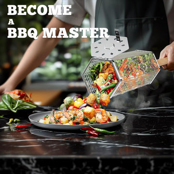 Rolling stainless steel grill basket for outdoor cooking