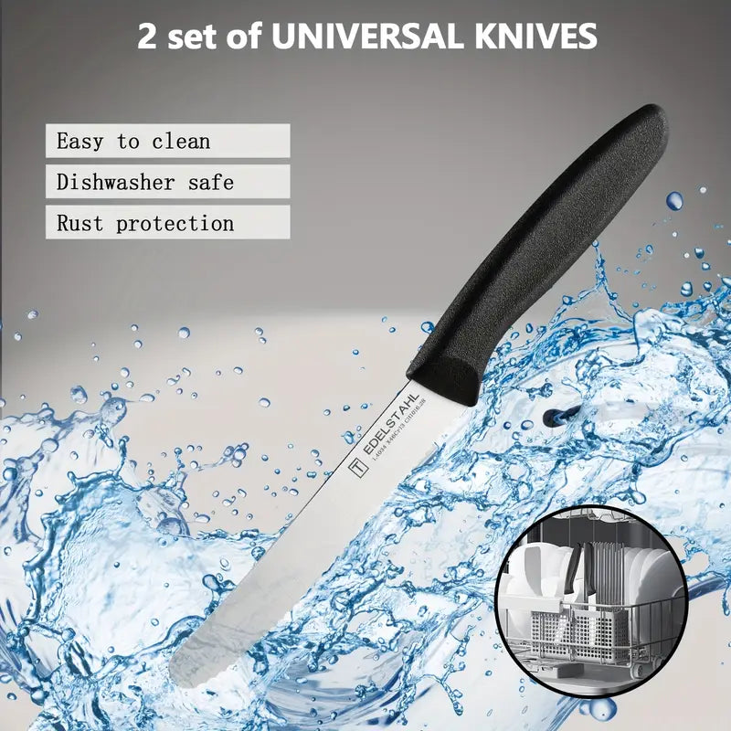 Set of universal knives with water splash and dishwasher safe feature highlighted