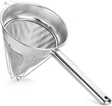 8-inch stainless steel bouillon strainer with reinforced fine mesh for kitchen food preparation.