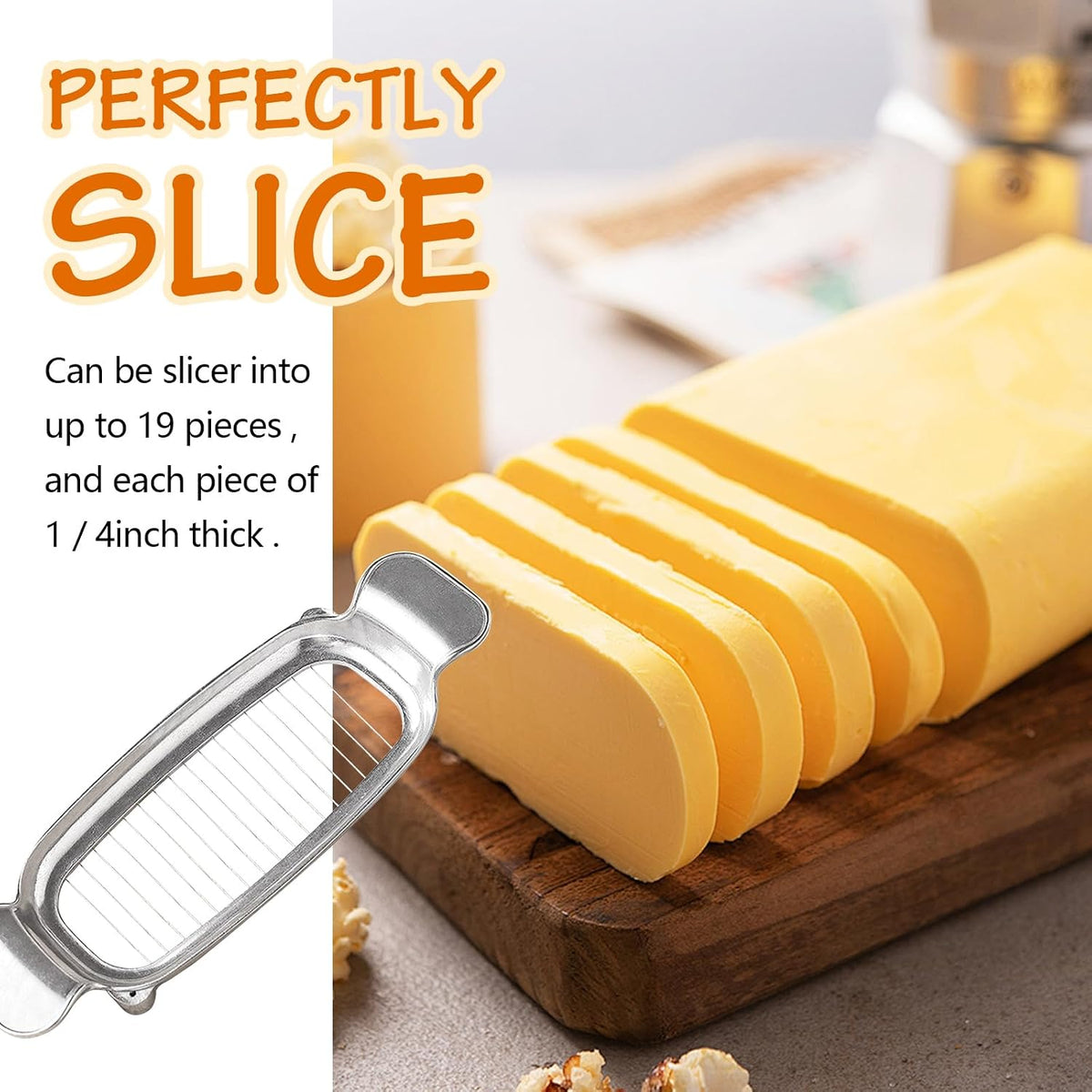 Stainless steel wire cheese slicer cutting a block of cheese into smooth, even slices