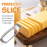 Stainless steel wire cheese slicer cutting a block of cheese into smooth, even slices