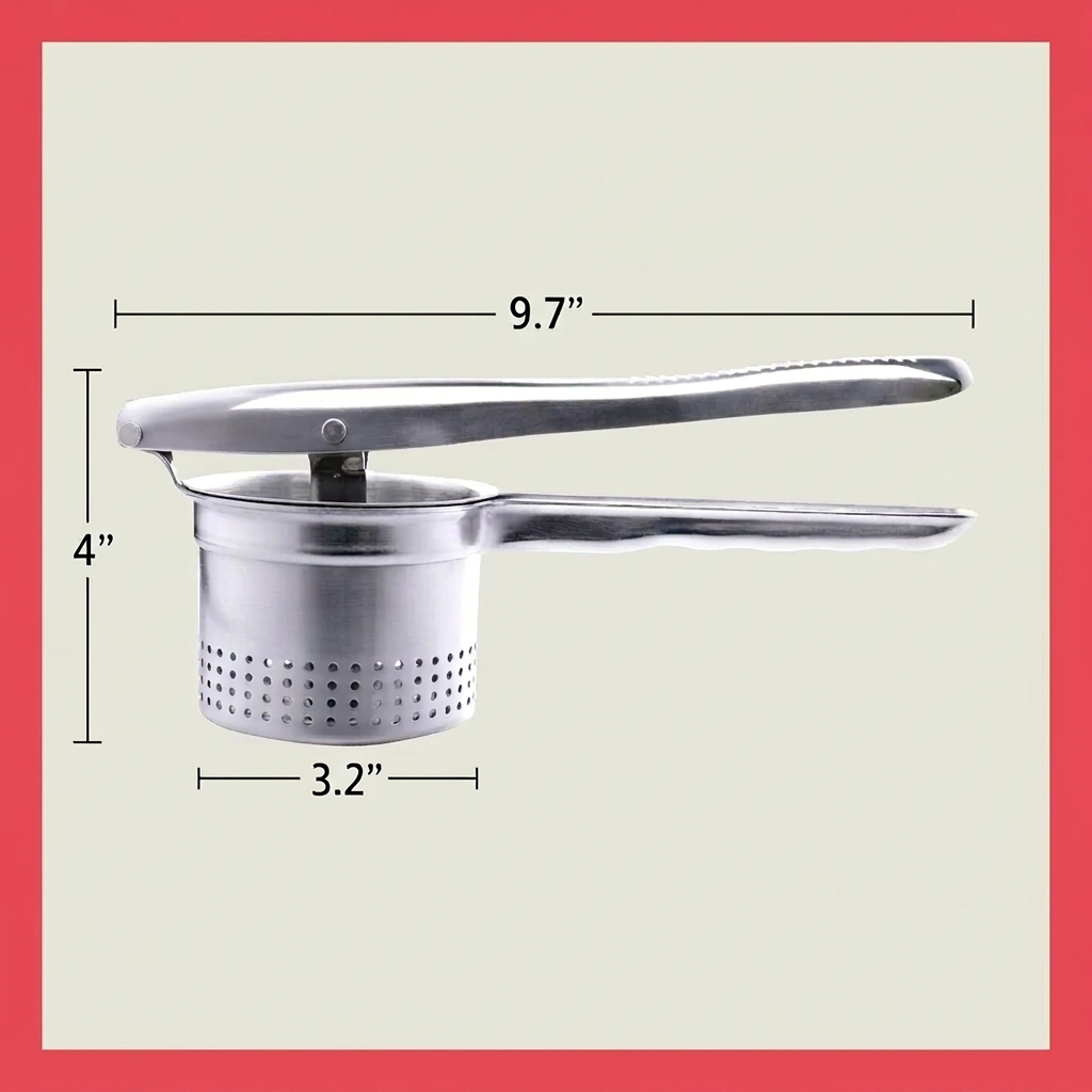 Handheld stainless steel potato press used for preparing cooked potatoes in a home kitchen.