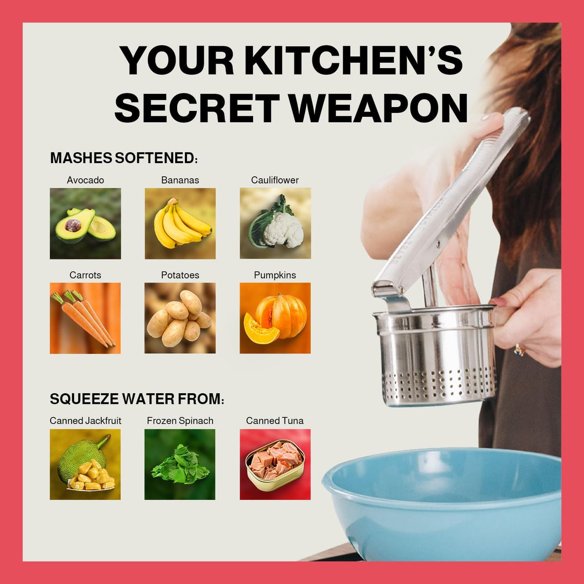 Stainless steel potato ricer with manual pressing design for preparing smooth mashed potatoes.