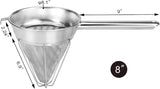 Fine mesh conical kitchen strainer filtering sauce for smooth food preparation.