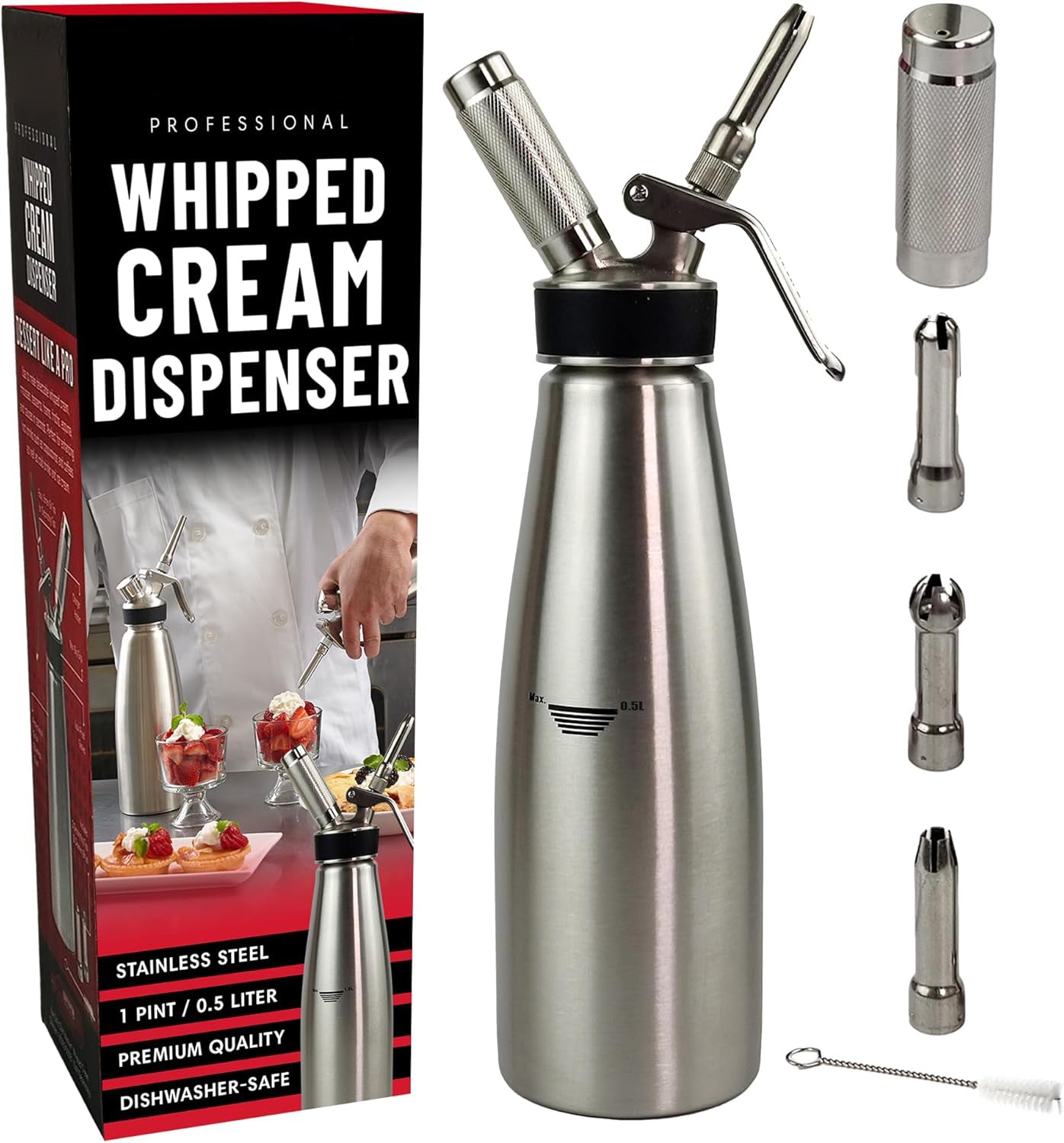 Stainless steel whipped cream dispenser 0.5 liter capacity