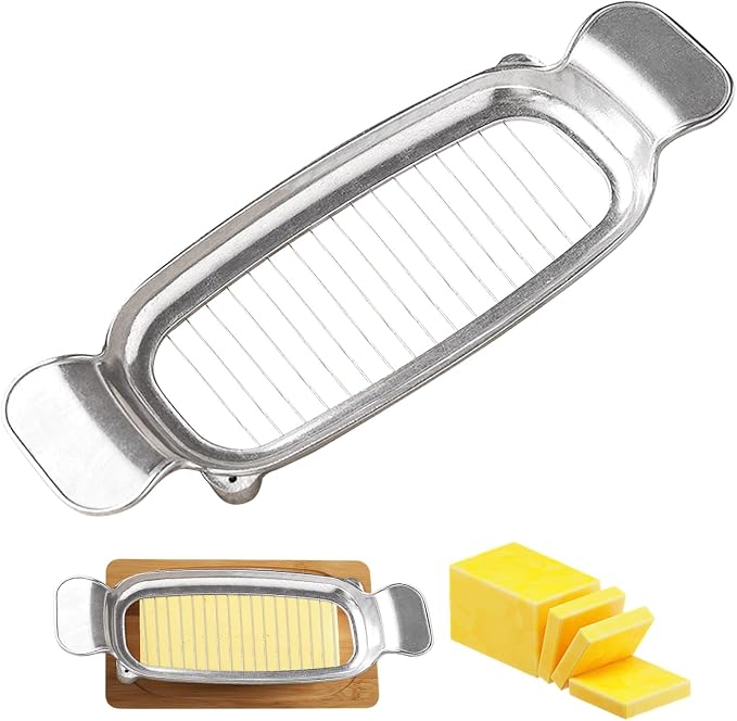Stainless steel wire cheese slicer and butter cutter with handheld design for everyday kitchen food preparation.