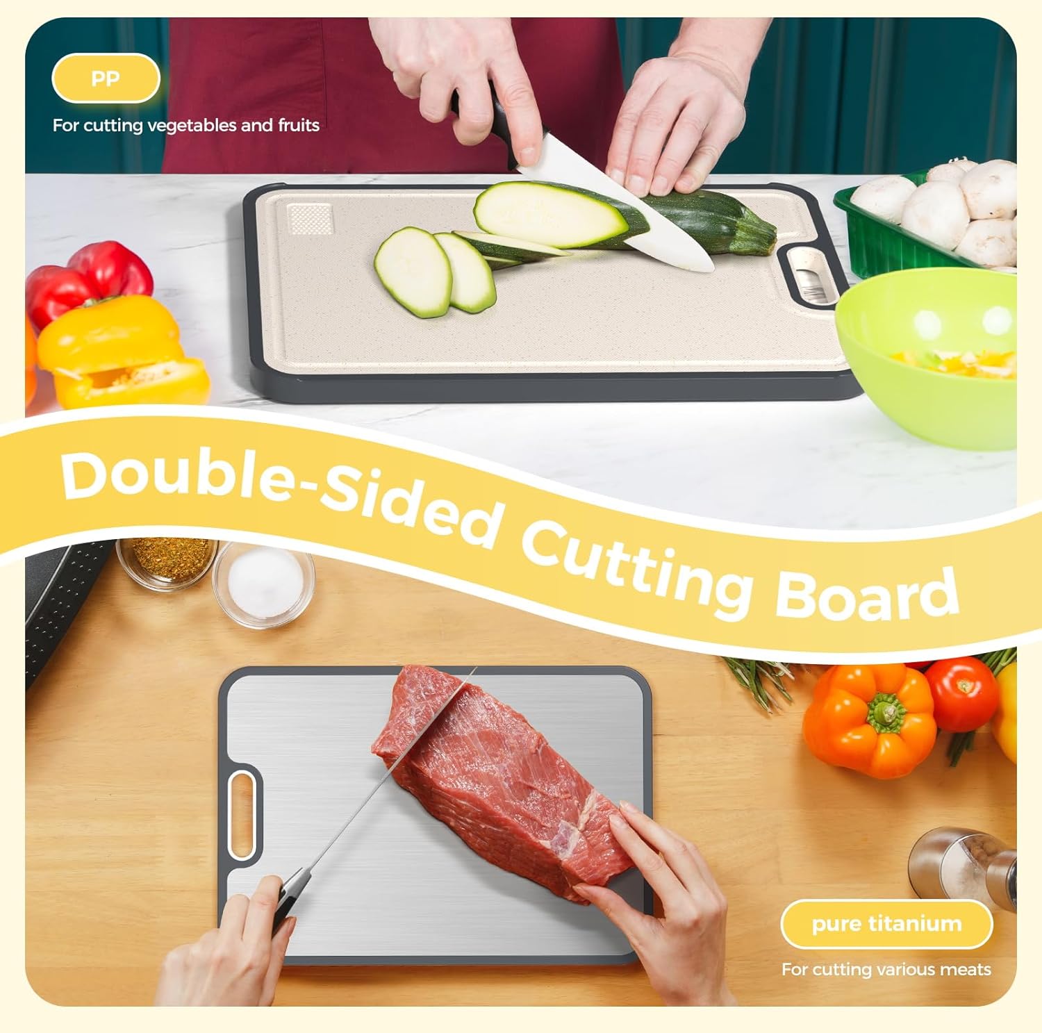Titanium cutting board with garlic and ginger grinding area