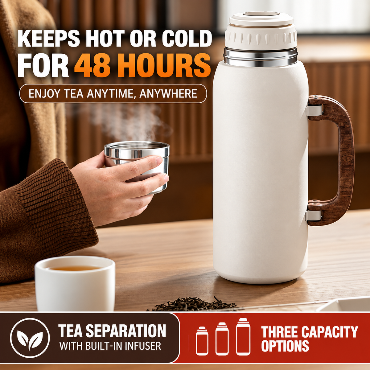 Premium white stainless steel tea thermos with double wall insulation and convenient carrying handle.