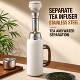 Elegant white insulated tea flask with silver screw top lid and wooden handle for everyday tea and coffee storage.