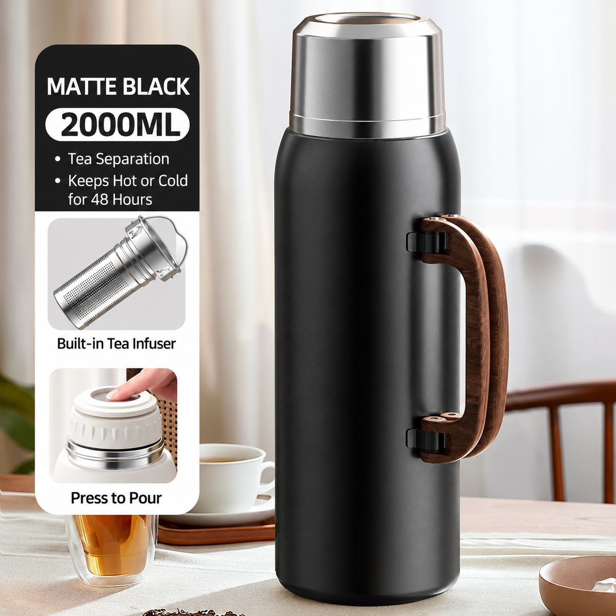 Large capacity white vacuum insulated tea bottle with ergonomic wood grain handle for home, office and travel.